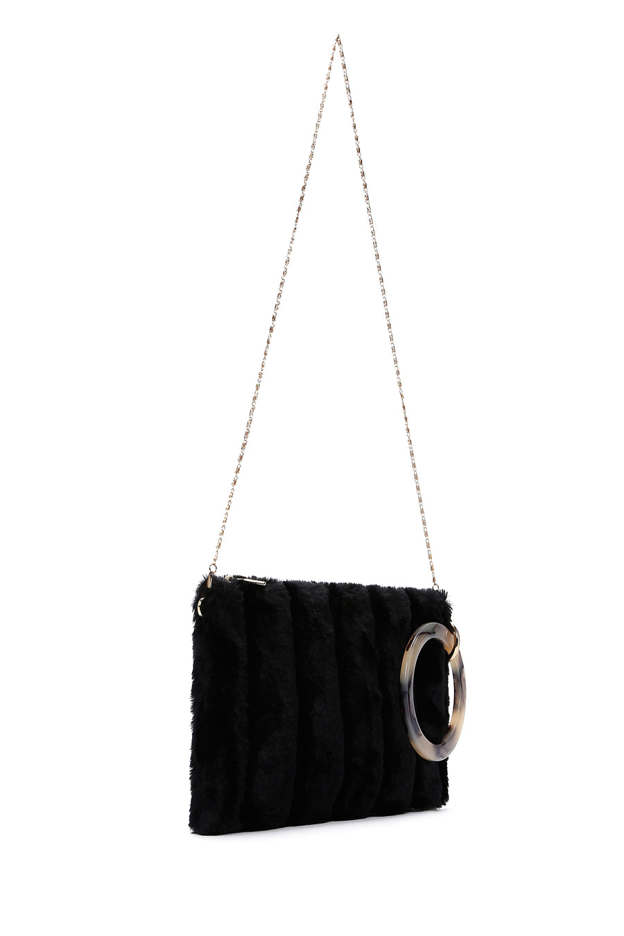 Women's Black Long Chain Strap Plush Clutch Bag