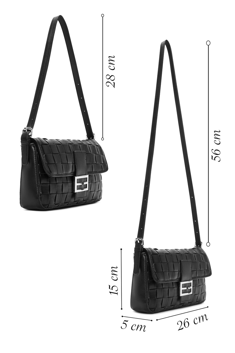 Women's Black Knitted Patterned Long Strap Shoulder Bag