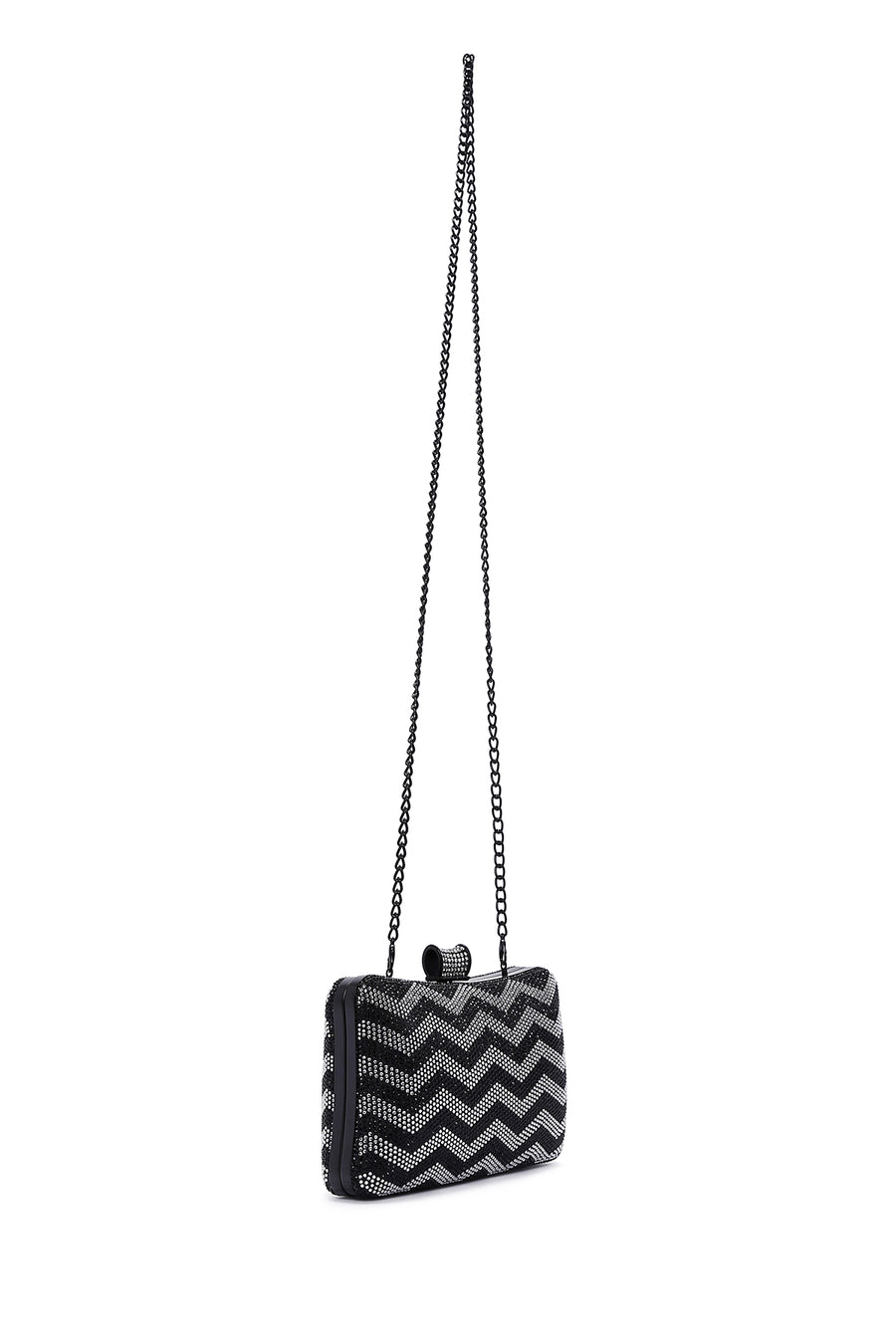 Women's Black Silver Long Chain Strap Stone Handbag