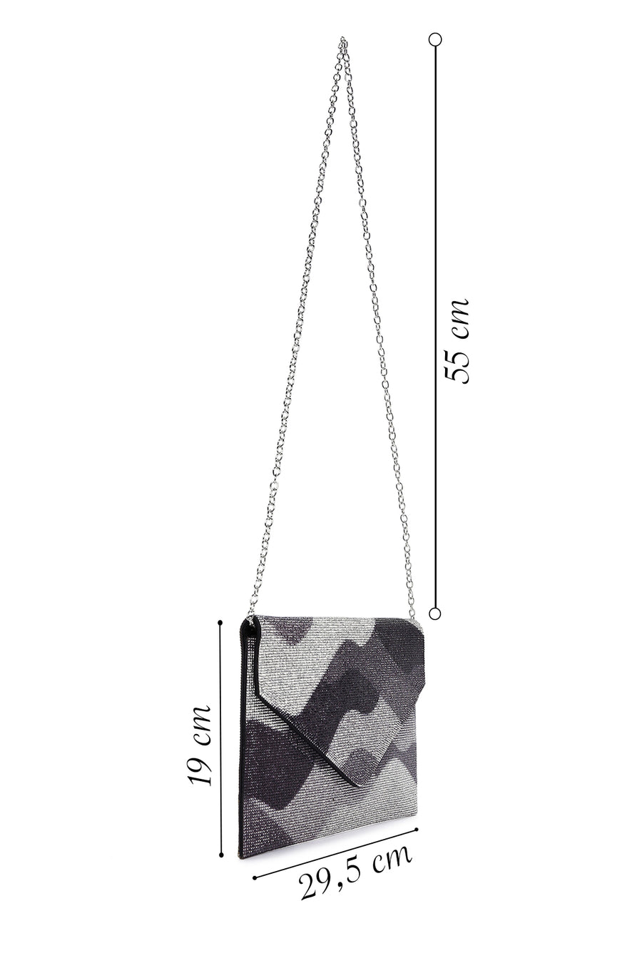 Women's Black Gray Long Chain Strap Stoned Clutch Bag