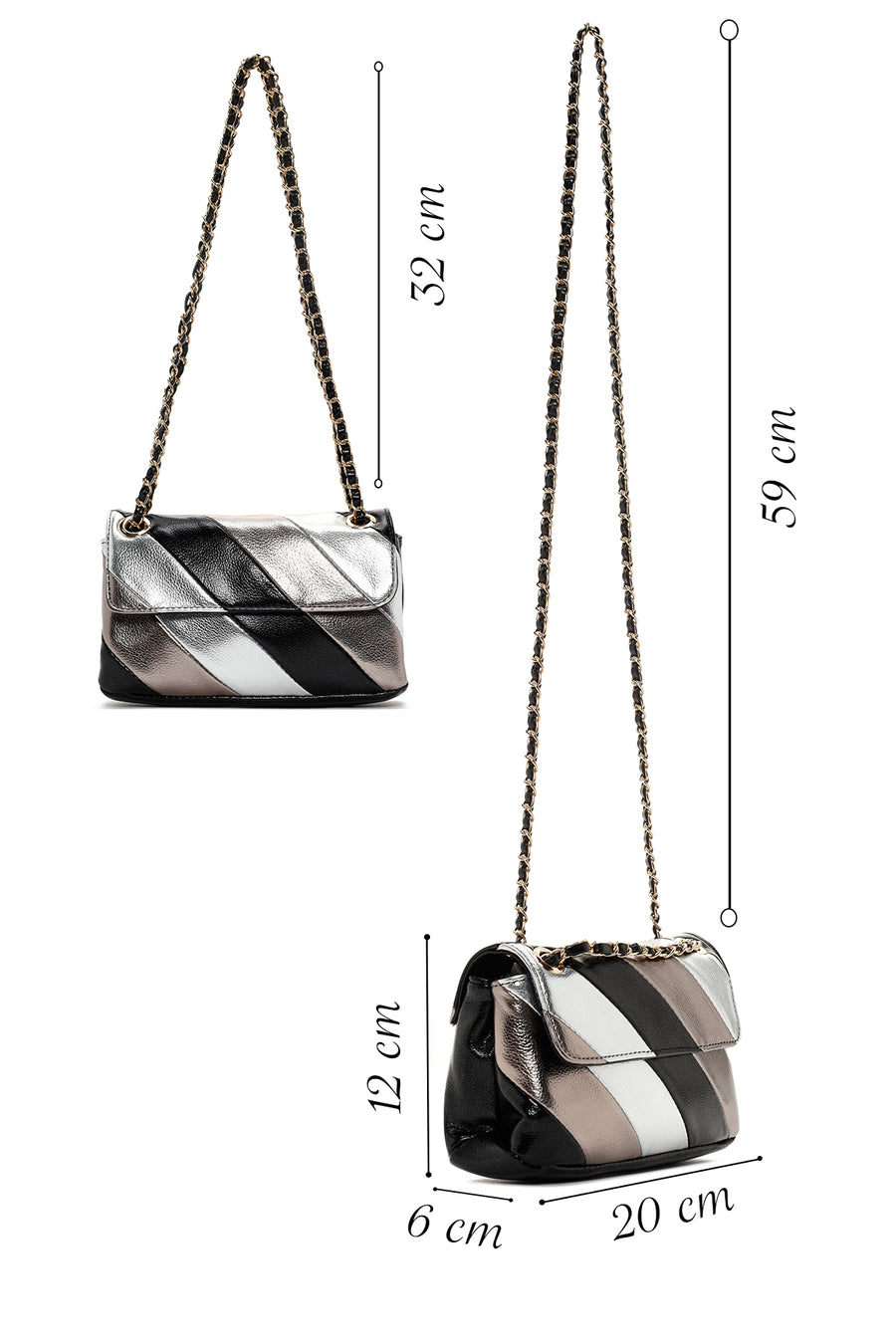 Women's Black Metallic Long Chain Strap Crossbody Bag