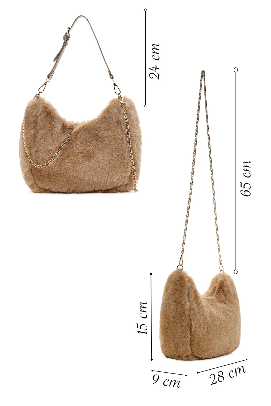 Women's Beige Long Chain Strap Plush Handbag