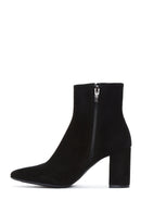 Women's Black Thick Heeled Zippered Suede Leather Boots | Derimod