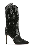 Women's Black Thin Heeled Stone Leather Boots | Derimod