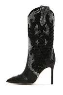 Women's Black Thin Heeled Stone Leather Boots | Derimod