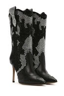 Women's Black Thin Heeled Stone Leather Boots | Derimod