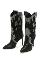 Women's Black Thin Heeled Stone Leather Boots | Derimod