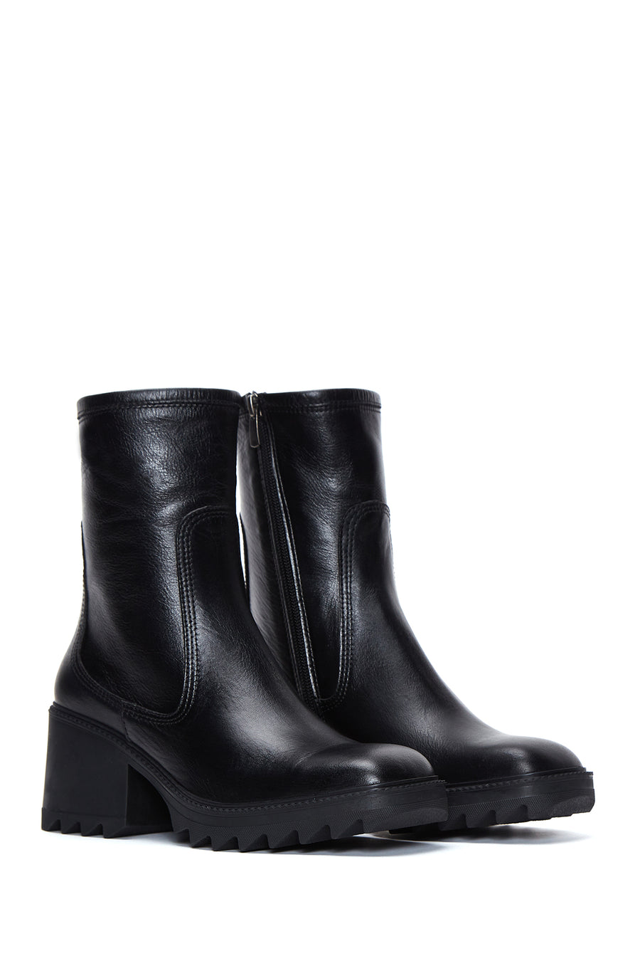 Women's Black Leather Zippered Heeled Boots