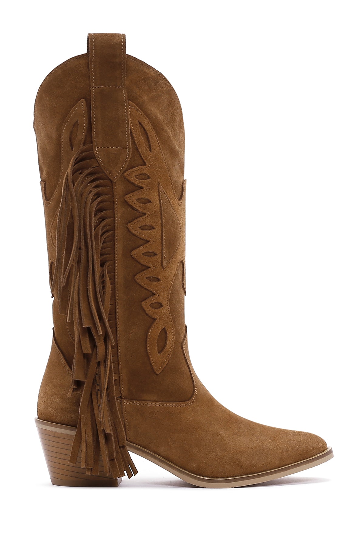 Women's Tan Suede Leather Heeled Cowboy Boots 23WFD152410 | Derimod