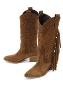 Women's Tan Suede Leather Heeled Cowboy Boots | Derimod
