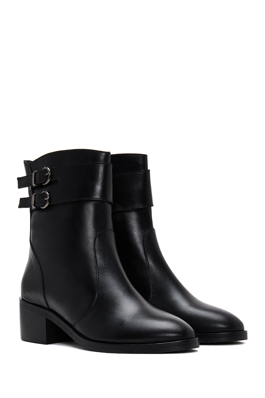 Women's Black Buckle Heeled Leather Classic Boots