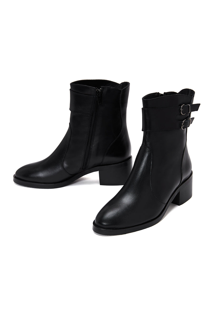 Women's Black Buckle Heeled Leather Classic Boots