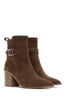 Women's Tan Suede Leather Heeled Boots | Derimod