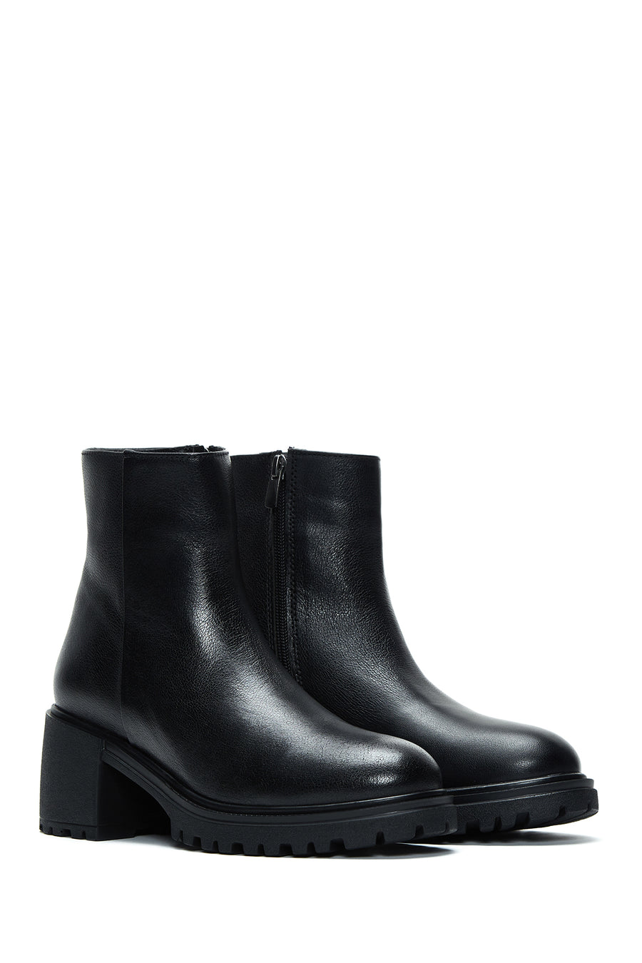 Women's Black Leather Zippered Heeled Classic Boots