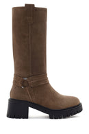 Women's Tan Short Heeled Suede Leather Boots | Derimod