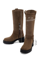 Women's Tan Short Heeled Suede Leather Boots | Derimod