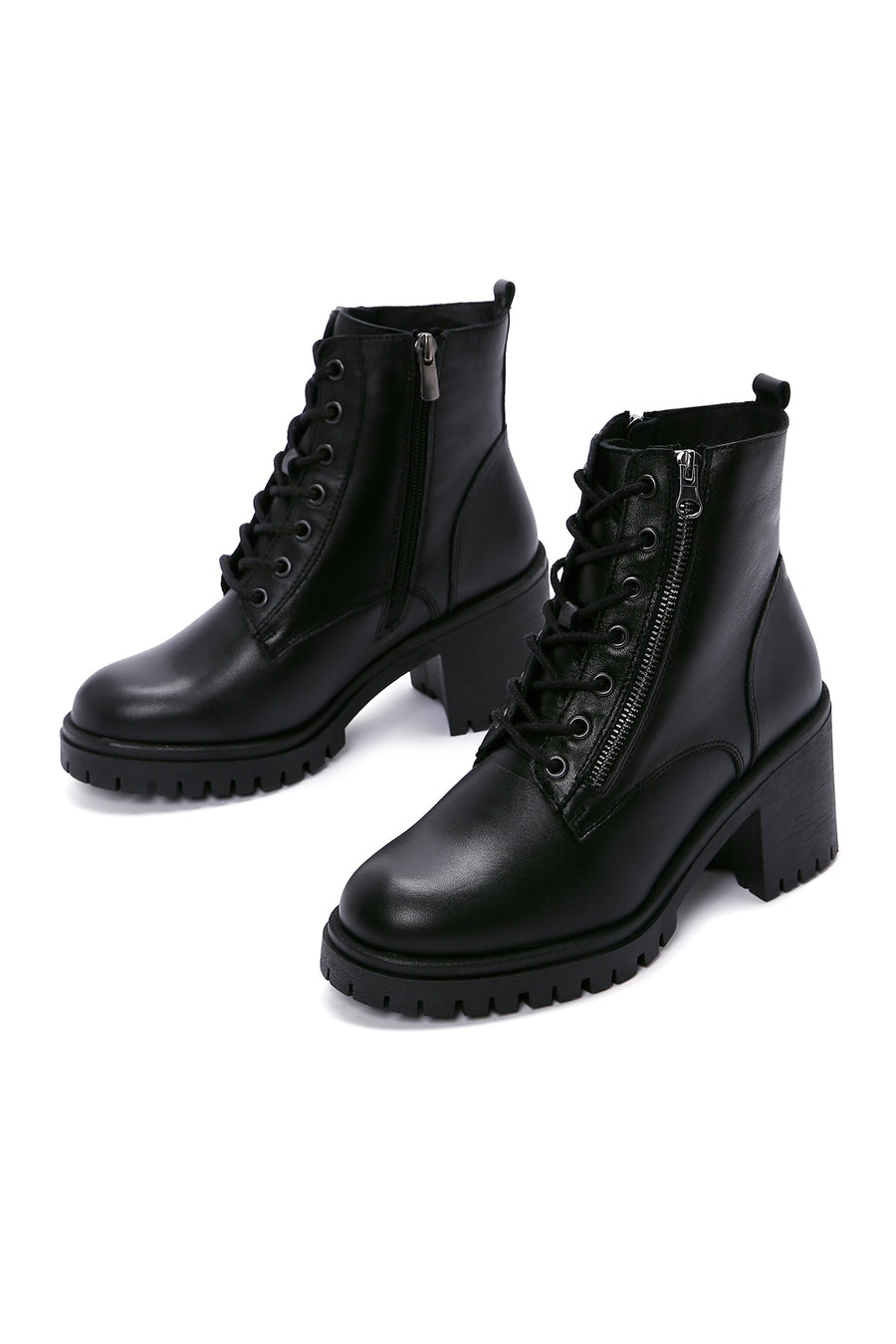 Women's Black Leather Platform Heeled Boots