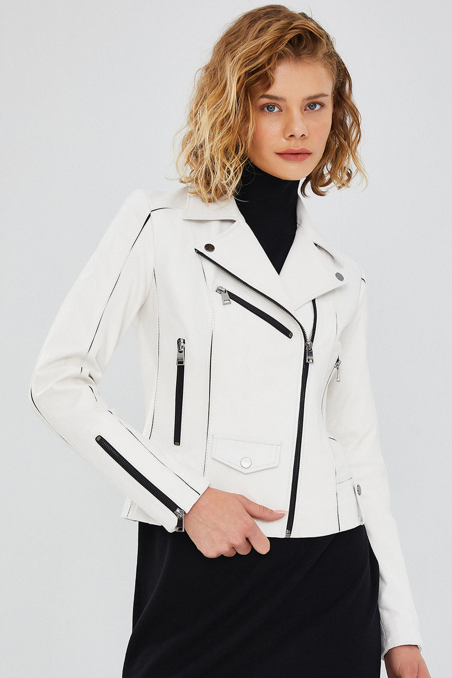 Bella Kadın Beyaz Slim-Fit Biker Deri Ceket