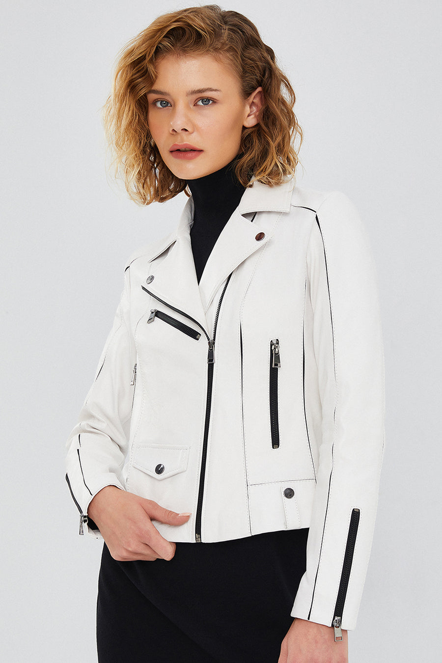 Bella Kadın Beyaz Slim-Fit Biker Deri Ceket
