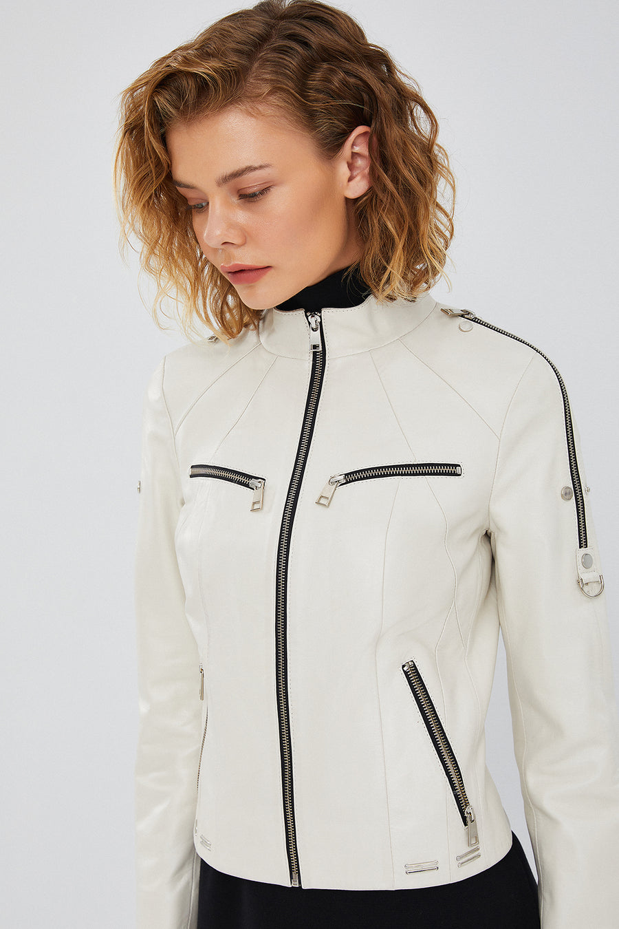 Tara Women's Beige Short Leather Jacket