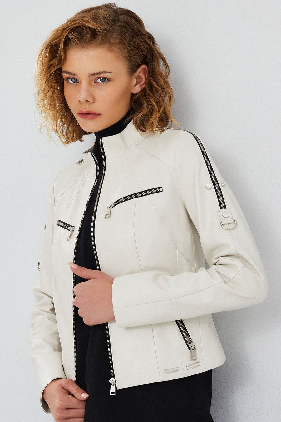 Tara Women's Beige Short Leather Jacket
