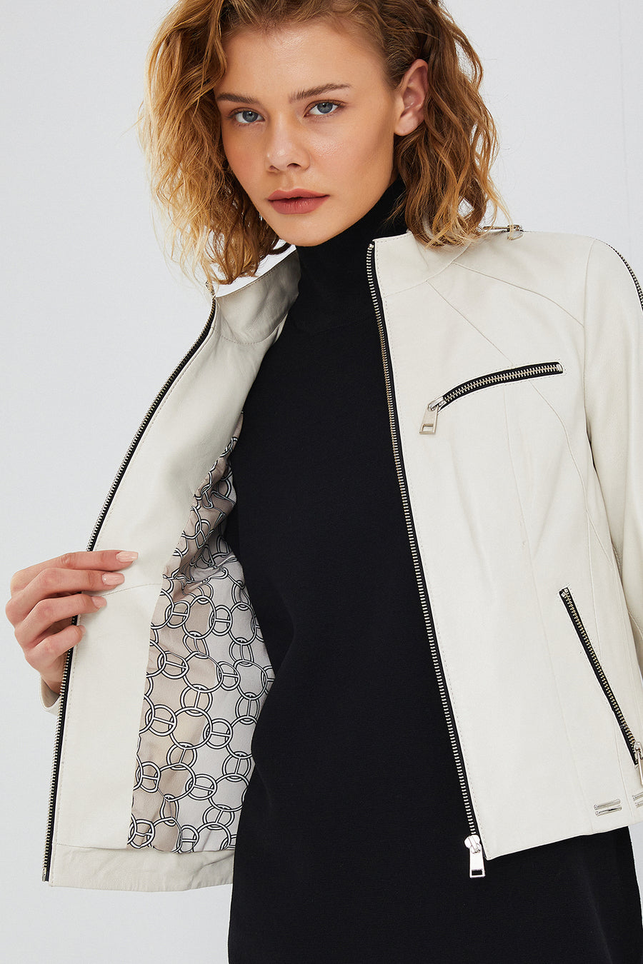 Tara Women's Beige Short Leather Jacket