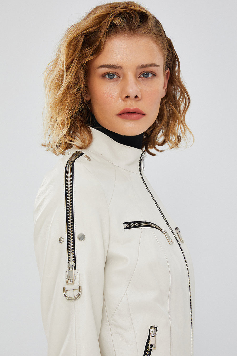 Tara Women's Beige Short Leather Jacket