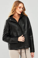 Shelly Women's Black Oversize Hooded Leather Jacket | Derimod