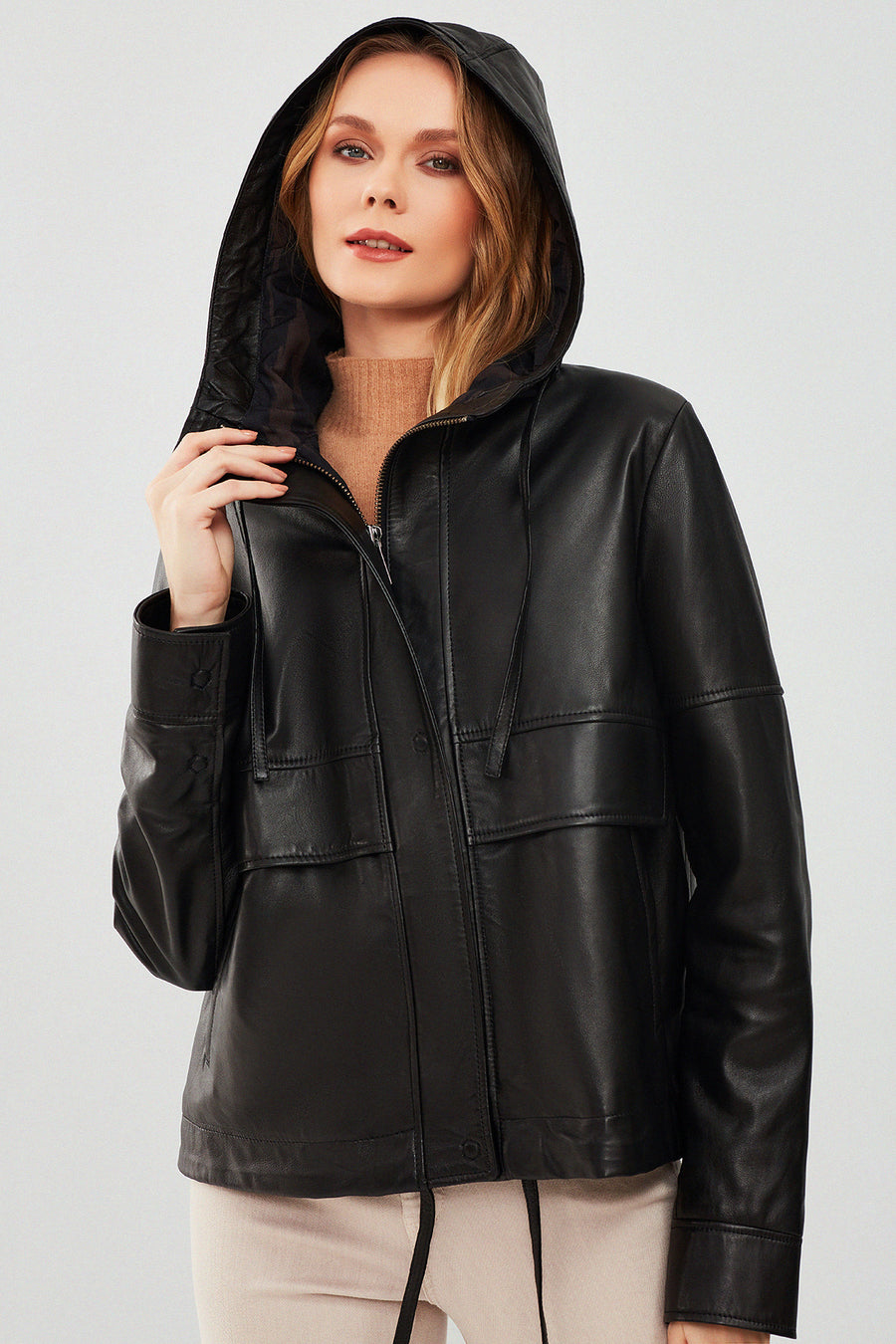 Shelly Women's Black Oversize Hooded Leather Jacket
