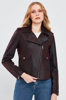 Amor Women's Burgundy Biker Leather Jacket | Derimod