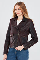 Amor Women's Burgundy Biker Leather Jacket | Derimod