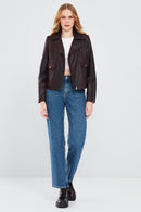 Amor Women's Burgundy Biker Leather Jacket | Derimod