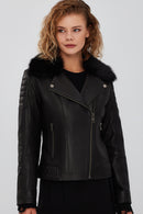 Brooklyn Women's Black Fur Collar Biker Leather Jacket | Derimod