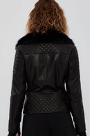 Brooklyn Women's Black Fur Collar Biker Leather Jacket | Derimod