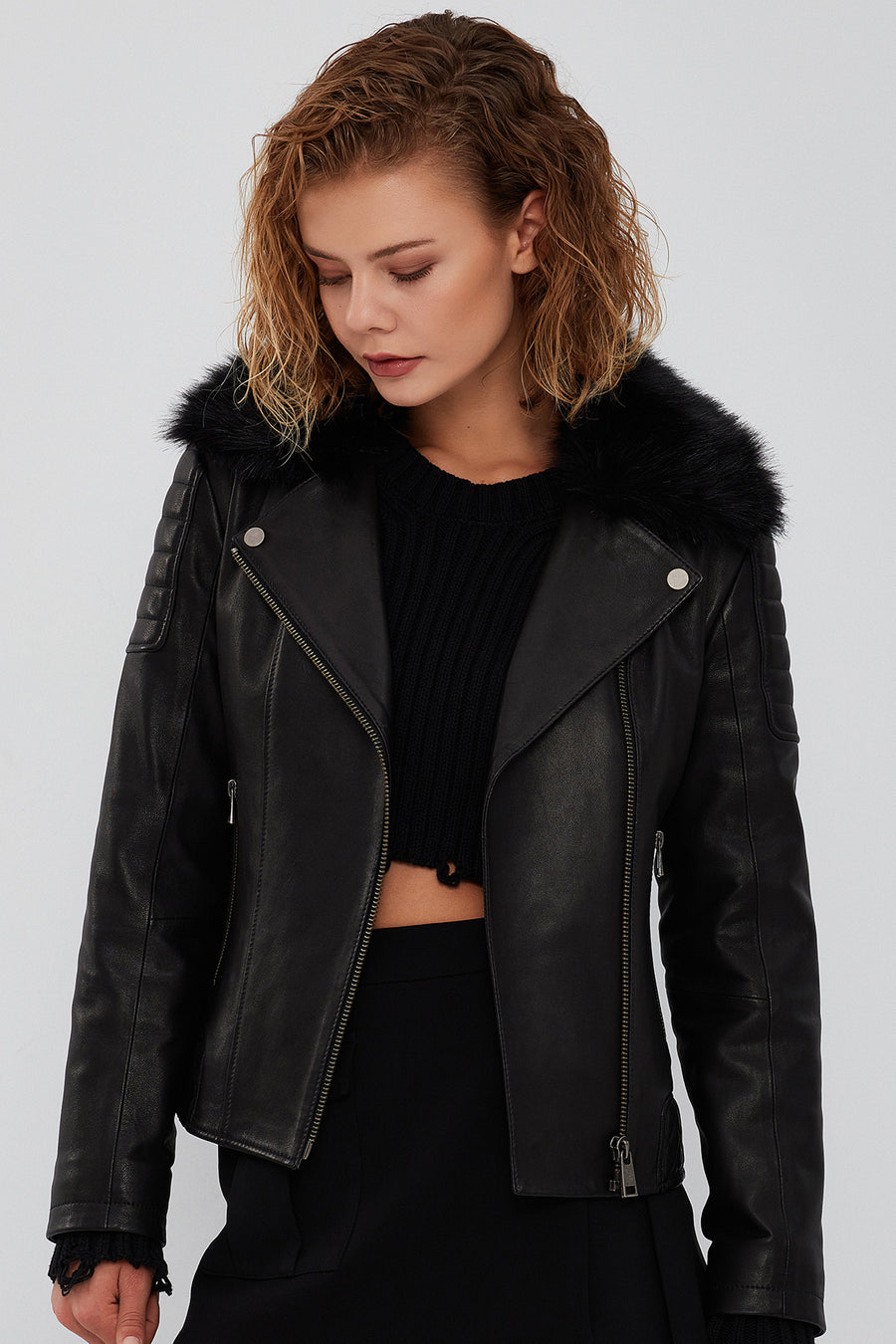 Brooklyn Women's Black Fur Collar Biker Leather Jacket