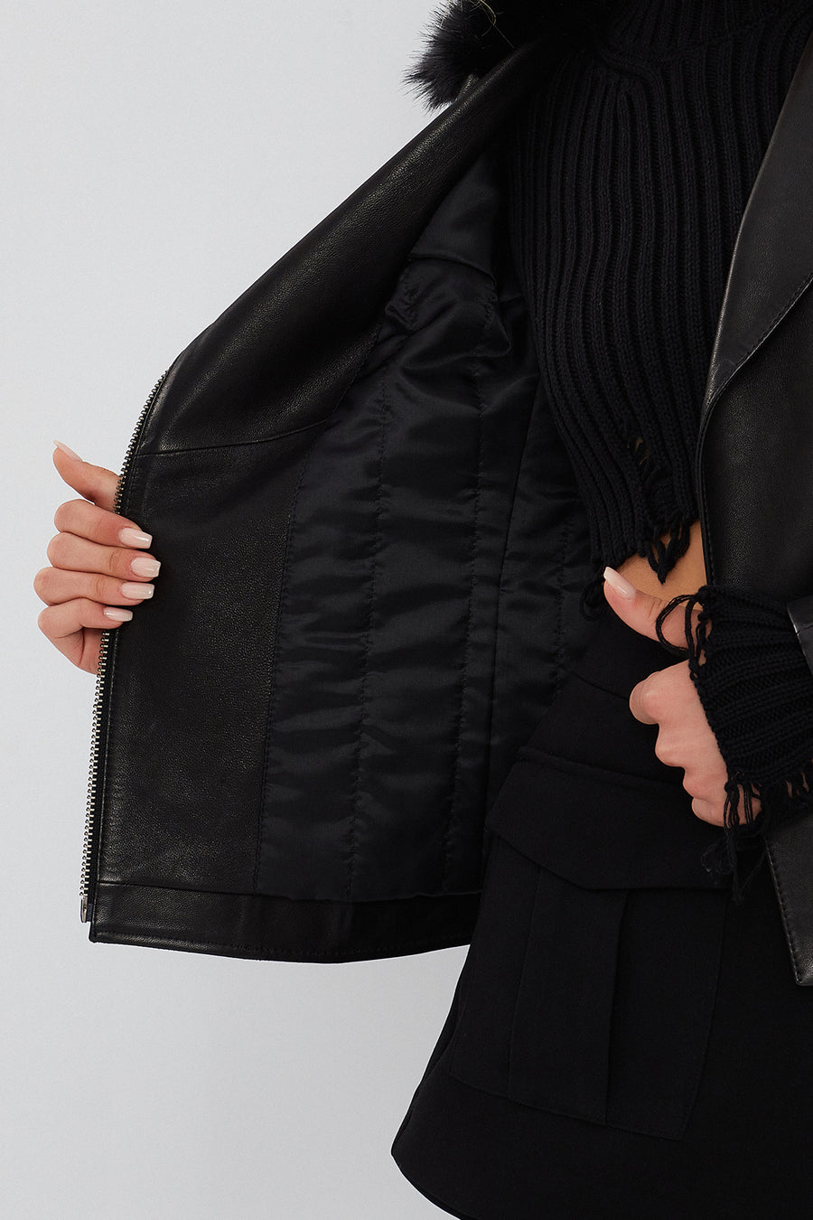Brooklyn Women's Black Fur Collar Biker Leather Jacket