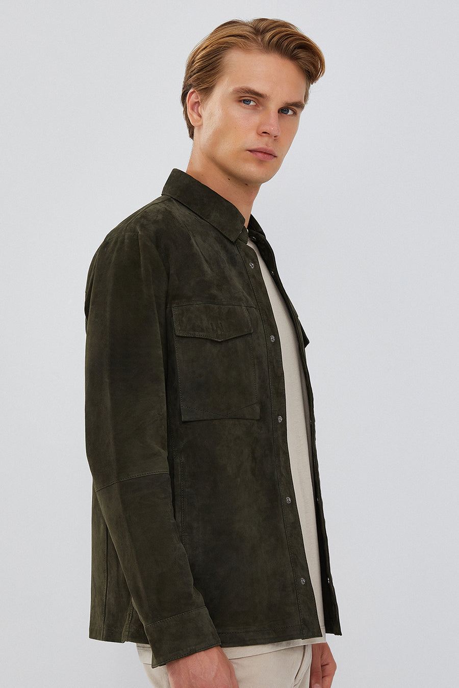 Navas Men's Green Shirt Style Suede Leather Jacket