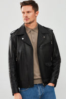 Carter Men's Black Biker Leather Coat | Derimod