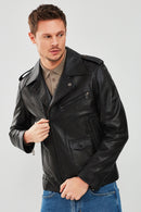 Carter Men's Black Biker Leather Coat | Derimod