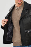 Carter Men's Black Biker Leather Coat | Derimod