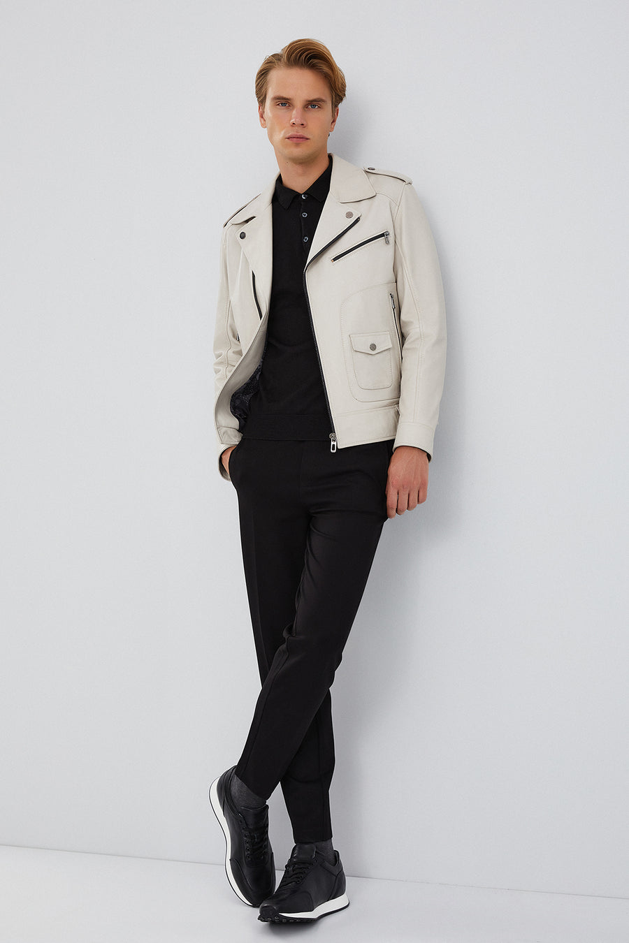 Carter Erkek Bej Biker Deri Mont