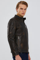 Durant Men's Brown Slim-Fit Vintage Leather Jacket | Derimod