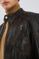 Durant Men's Brown Slim-Fit Vintage Leather Jacket | Derimod