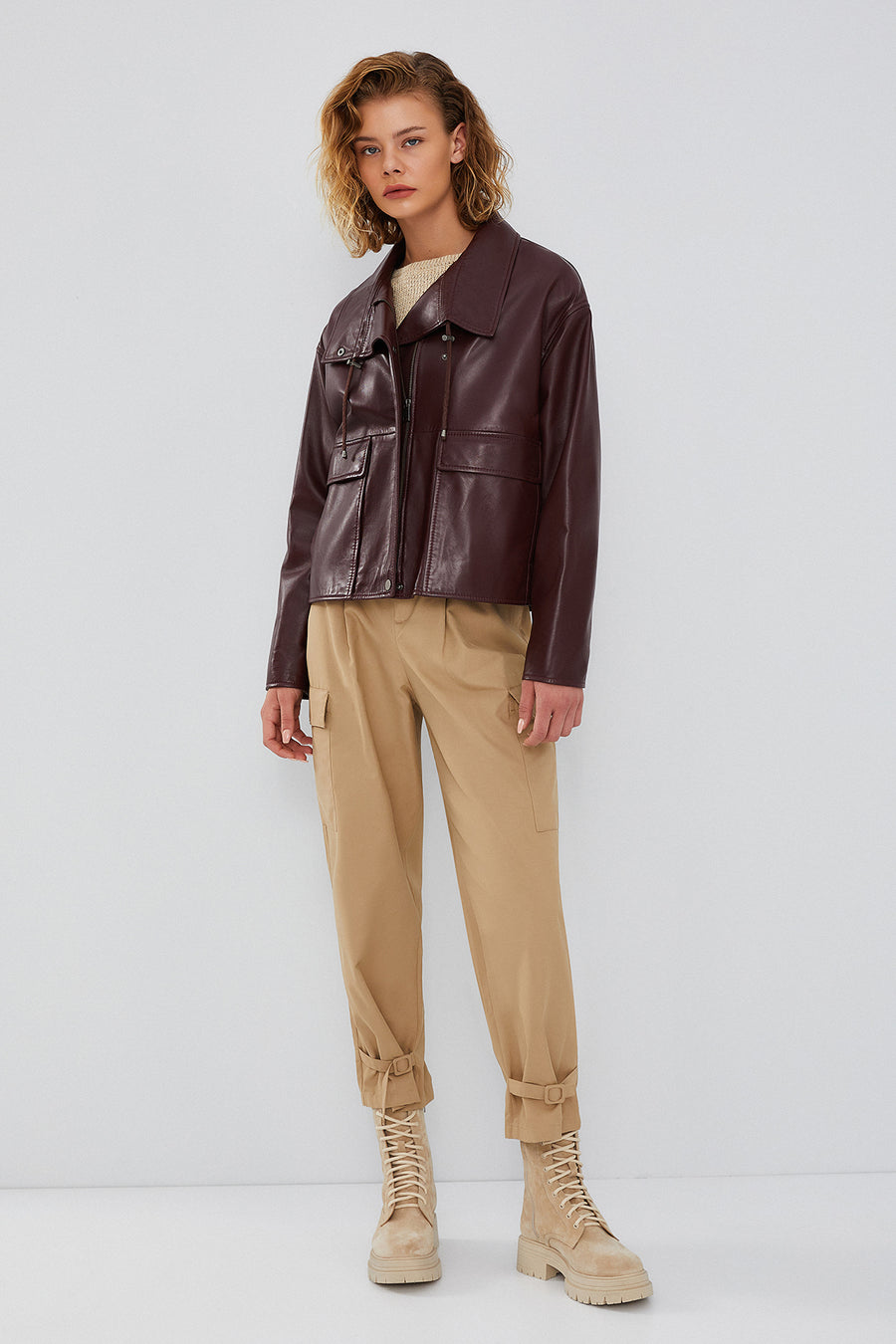 Nova Kadın Bordo Oversize Deri Ceket