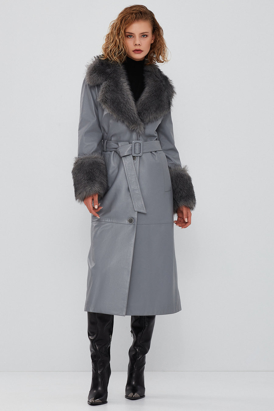 Penelope Women's Anthracite Fur Leather Coat 23WGE5113R3 | Derimod