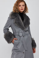 Penelope Women's Anthracite Fur Leather Coat | Derimod