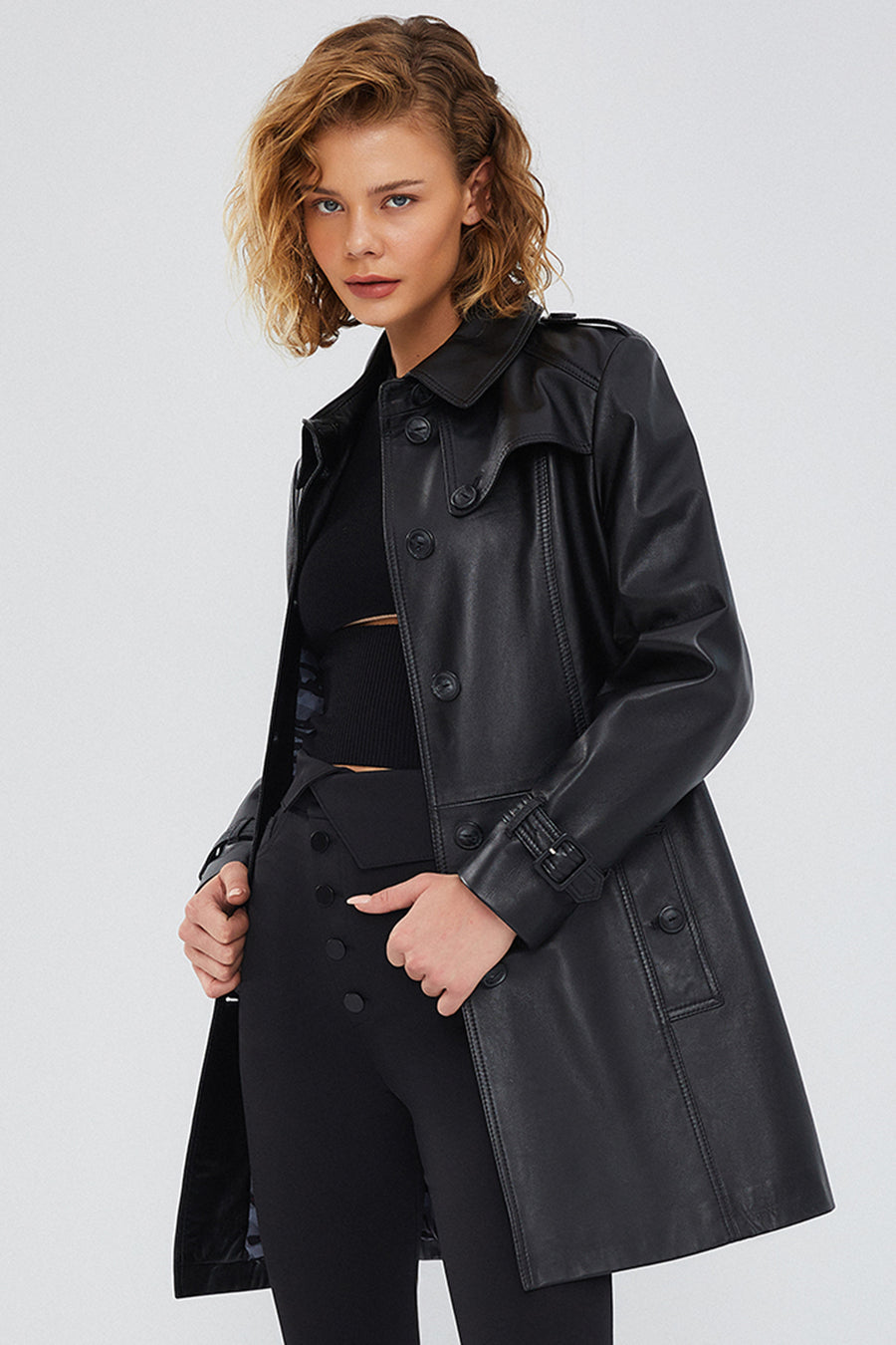 Scarlet Women's Black Leather Trench Coat