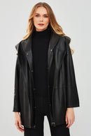 Anya Women's Black Hooded Leather Coat | Derimod