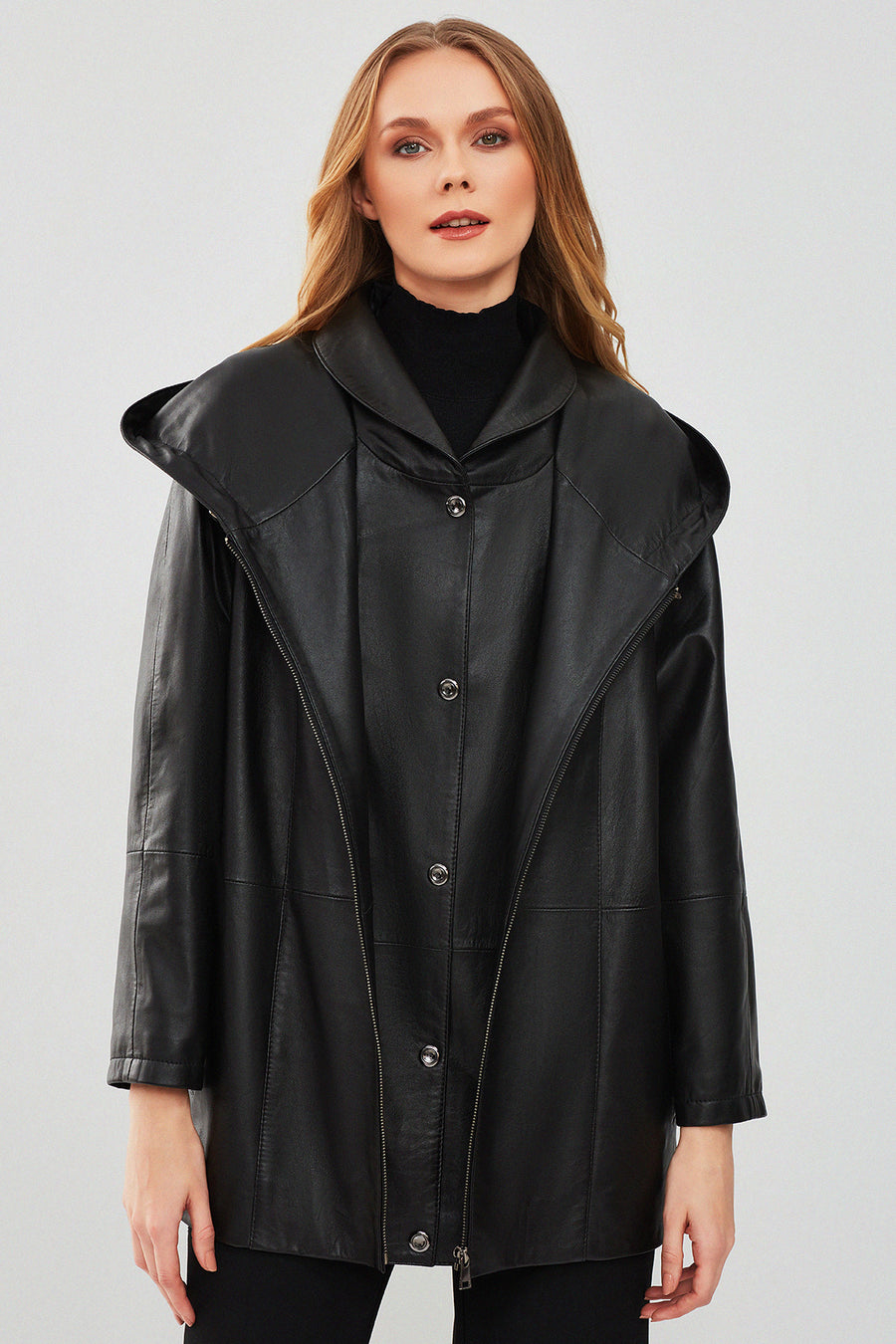 Anya Women's Black Hooded Leather Coat