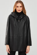 Anya Women's Black Hooded Leather Coat | Derimod
